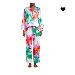 Natori Red Pink Rose Floral Print Satin Pajama Set RT $180 Luxe Cottagecore Sz M